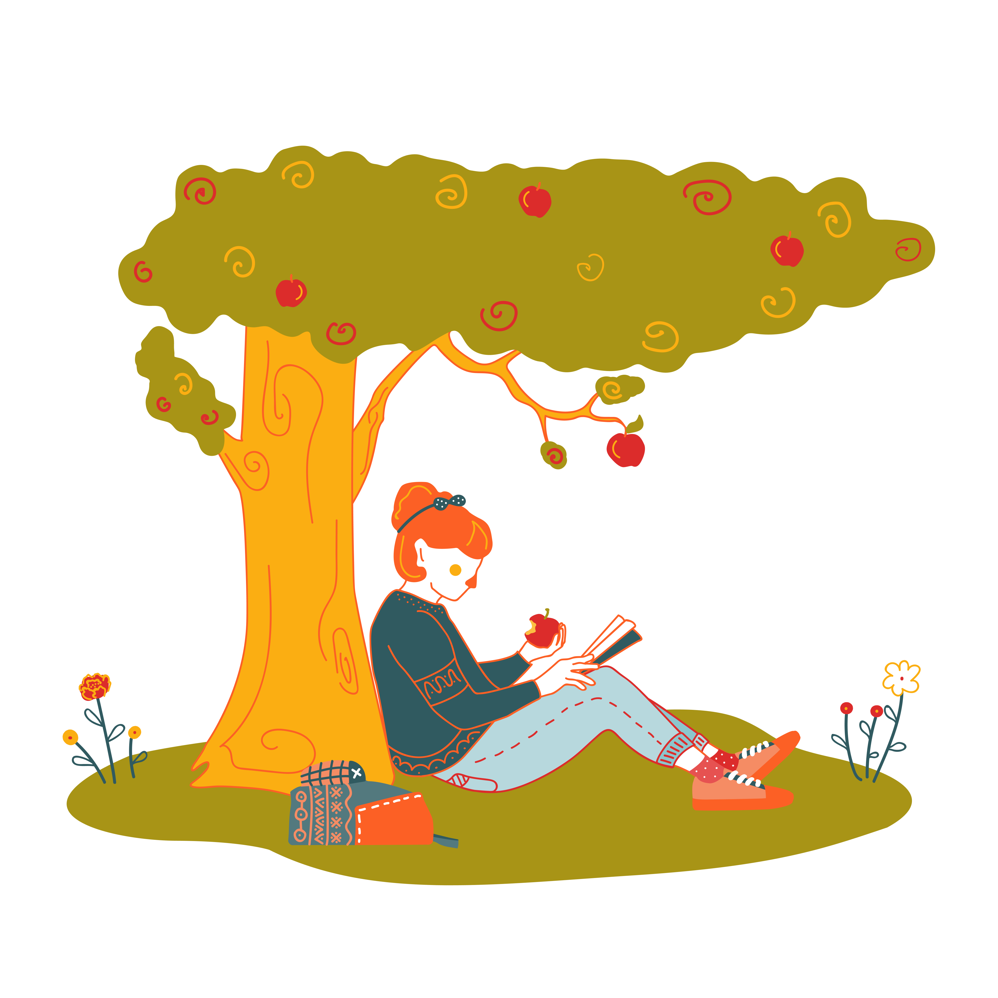 Grafik eines Mädchens lesend unter einem Baum