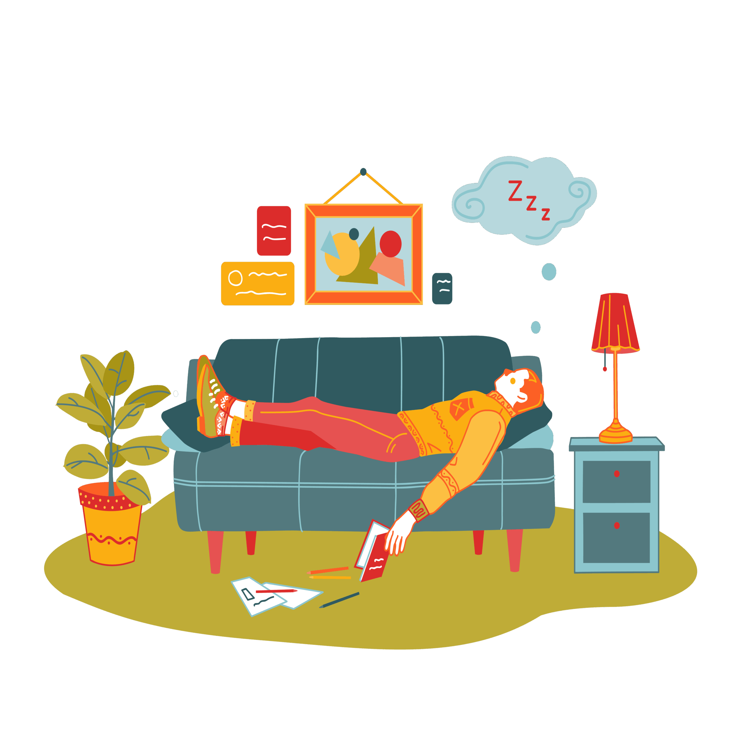 Grafik eines jungen Mannes schlafend auf der Couch