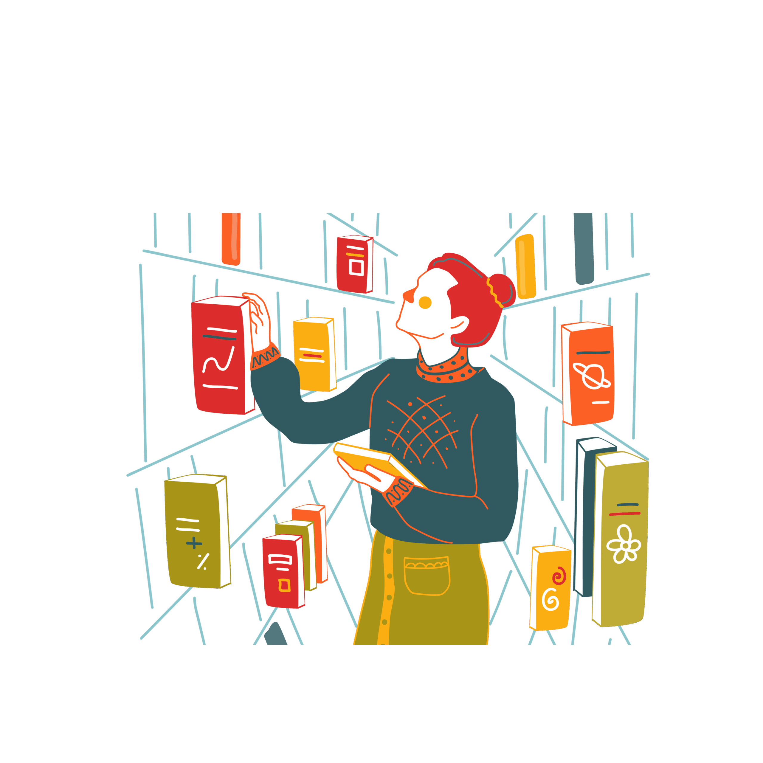 Grafik einer jungen Frau zwischen Bücherregalen